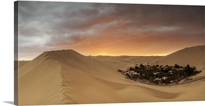 Huacachina Oasis at sunset, elevated view, Ica Region, Peru