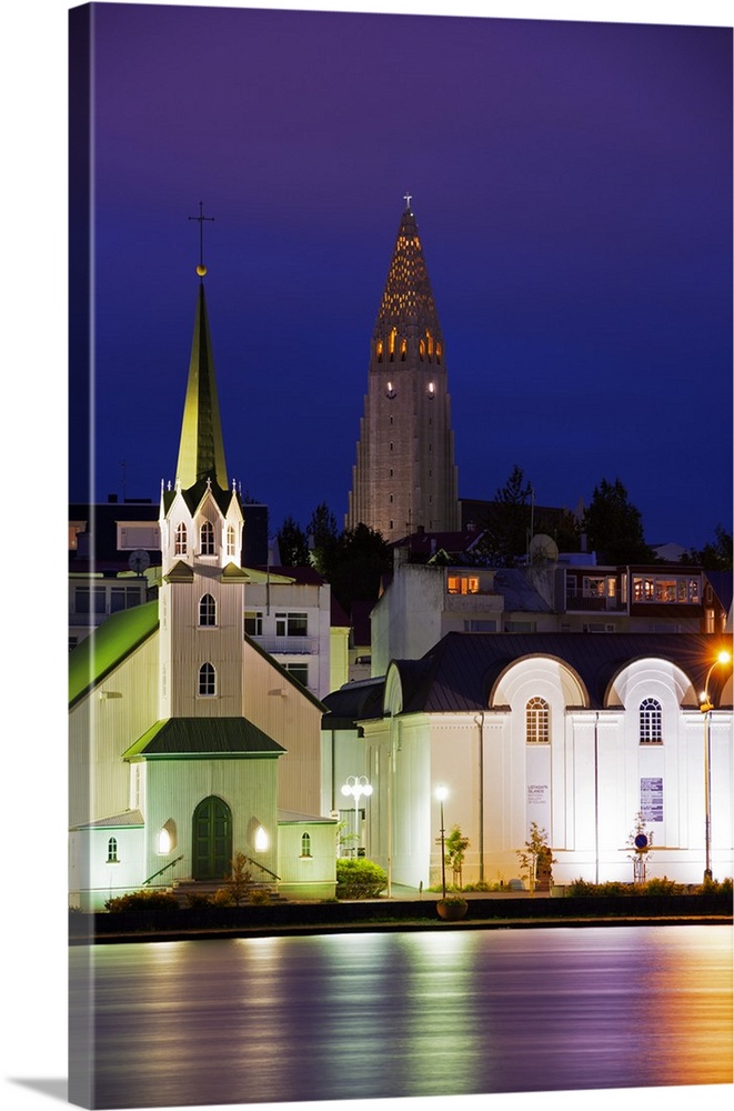 Iceland, Reykjavik, waterfront church on Lake Tjornin.