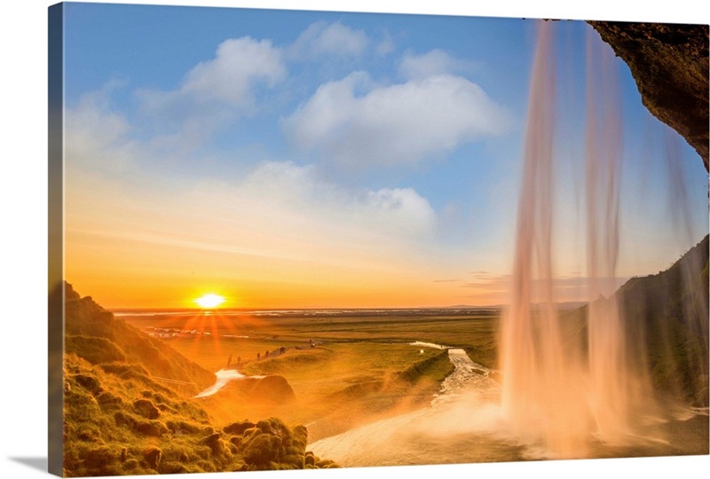 Iceland, Seljalandsfoss at sunset, waterfall and sun | Great Big Canvas