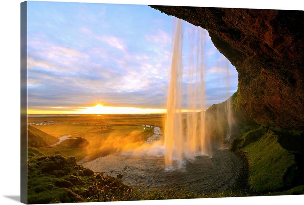 Iceland, southern region, Seljalandsfoss waterfall, sunset.