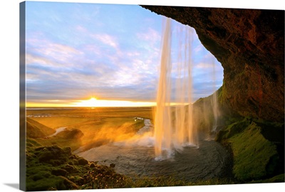 Iceland, southern region, Seljalandsfoss waterfall, sunset