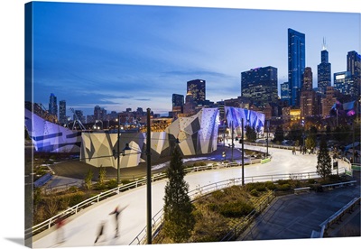Illinois, Chicago. The Maggie Daley Park Ice Skating Ribbon on a cold Winter's evening