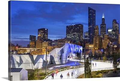 Illinois, Chicago. The Maggie Daley Park Ice Skating Ribbon on a cold Winter's evening