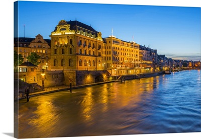Illuminated Hotels At River Rhine At Basel At Dusk, Canton Basel, Switzerland