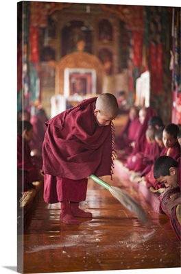 India, Ladakh, Thiksey, novice monk sweeping up the tsampa crumbs at morning prayers