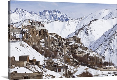India, Lamayuru Monastery, remote and isolated, hemmed in by snow covered mountains