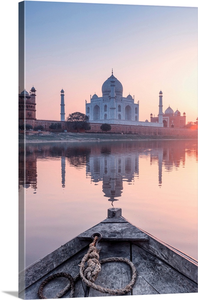 India, View Of The Taj Mahal Reflecting In The Yamuna River At Sunset From A Wooden Boat