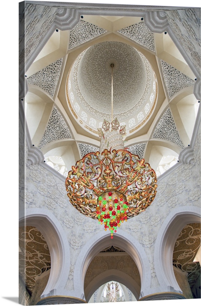Interior architectural detail and chandeliers of the prayer hall in the the Sheikh Zayed Mosque, Al Maqta district of Abu ...