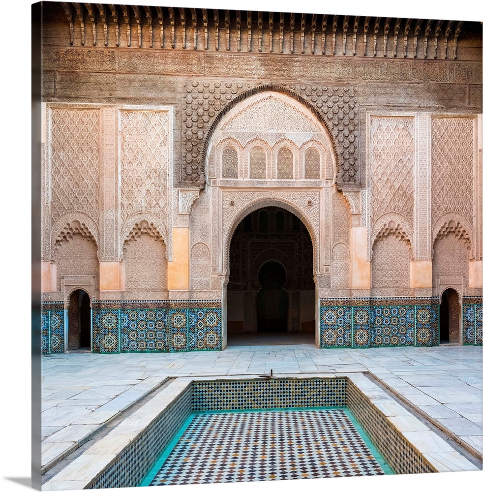 Morocco, Marrakech-Safi (Marrakesh-Tensift-El Haouz) region, Marrakesh. Interior courtyard of Ben Youssef Madrasa, 16th ce...