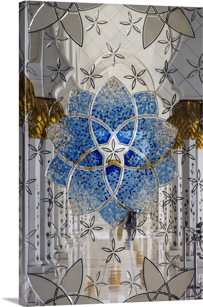 Interior decorated glass inside the Sheikh Zayed Mosque, Abu Dhabi, United Arab Emirates.