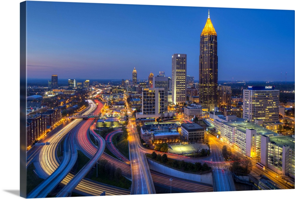 Elevated view over Interstate 85 passing the Midtown Atlanta skyline, Georgia, United States of America