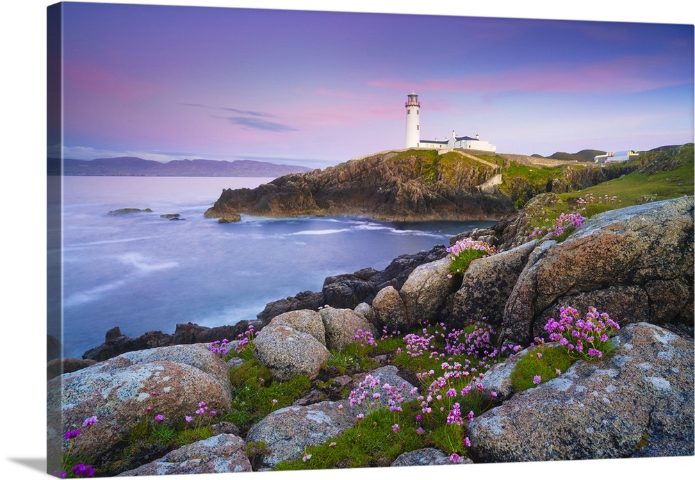 Ireland, Co. Donegal, Fanad, Fanad lighthouse with Sea thrift in foreground at dusk.