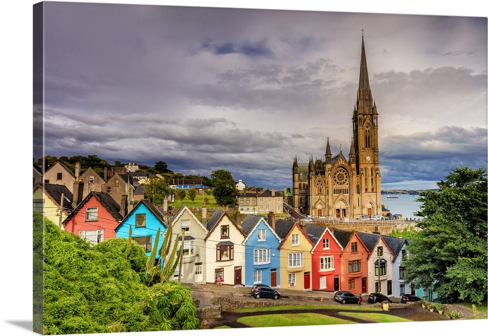 Europe, European, Ireland, Northern Europe; Cobh Cathedral and houses at sunset