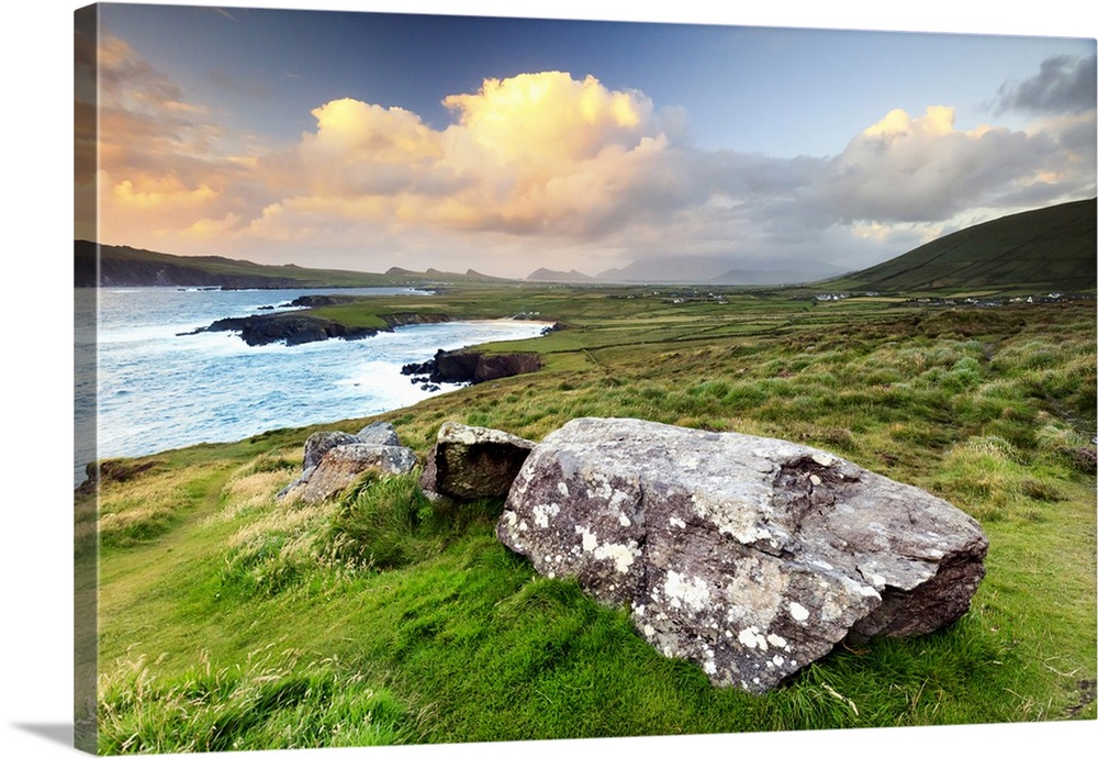 Europe, Ireland, sunset view over Ballyferriter Bay, Sybil Point and the peaks of the Three Sisters, Dingle Peninsula, Cou...