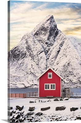 Isolated Red Fisherman Cabin With Snowcapped Mountain, Lofoten Islands, Norway