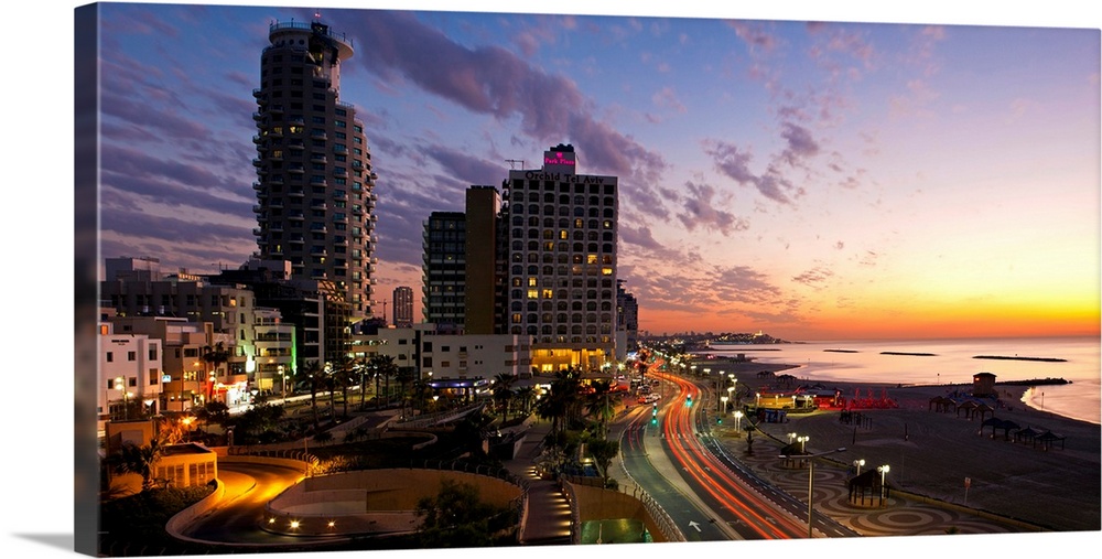 Israel, Tel Aviv, elevated dusk view of the city beachfront