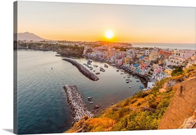 Italy, Campania, Province Of Naples, Procida. Sunset At Marina Di Corricella