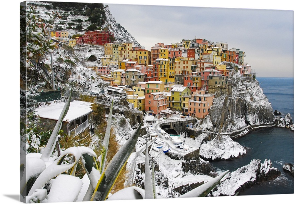 Italy, Cinque Terre, Manarola. Snow in Manarola only every 25 years it happens to snow in the Cinque Terre.