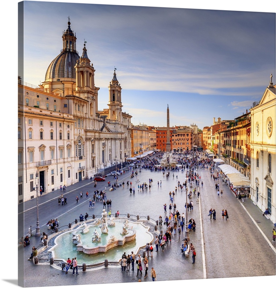 Italy, Rome, Navona square with Sant'Agnese in Agone church and 4 rivers fountain (Fontana dei Quattro Fiumi) elevated view