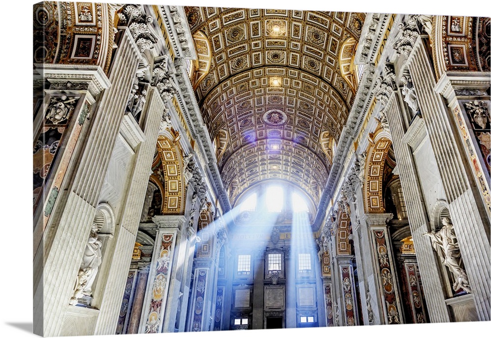 Italy, Rome, St. Peter Basilica interior with sun lights penetrating through the windows at sunrise