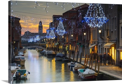 Italy, Veneto, Venice, Murano, Christmas decoration on a canal