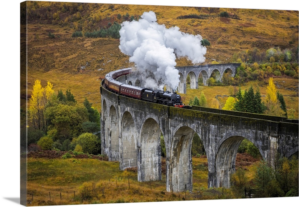 Jacobite Steam Train Crossing Glenfinnan Viaduct, Scottish Highlands, Scotland, UK