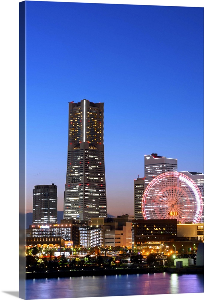 Asia, Japan, Honshu, Yokohama Bay, city skyline and Landmark Tower.