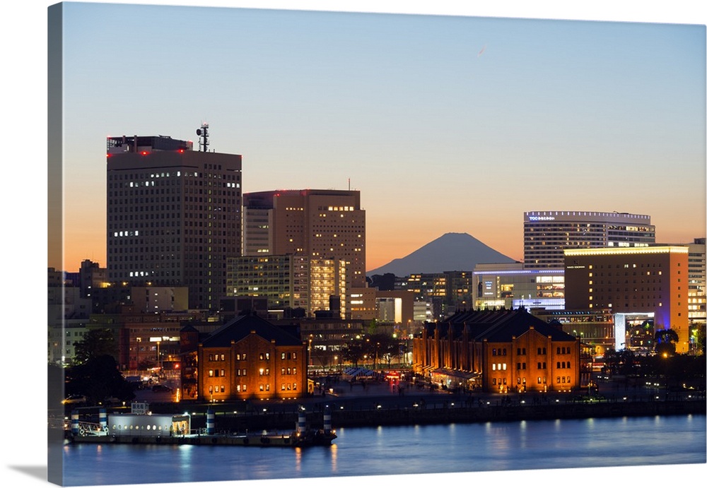 Asia, Japan, Honshu, Yokohama Bay, city skyline and Mt Fuji.