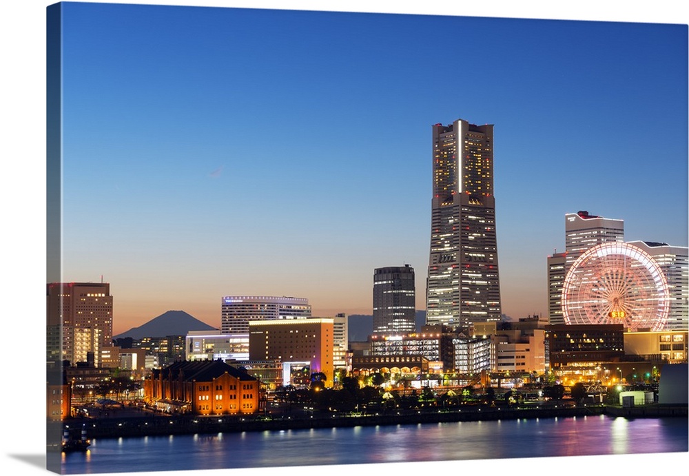 Asia, Japan, Honshu, Yokohama Bay, city skyline and Mt Fuji, Landmark Tower.