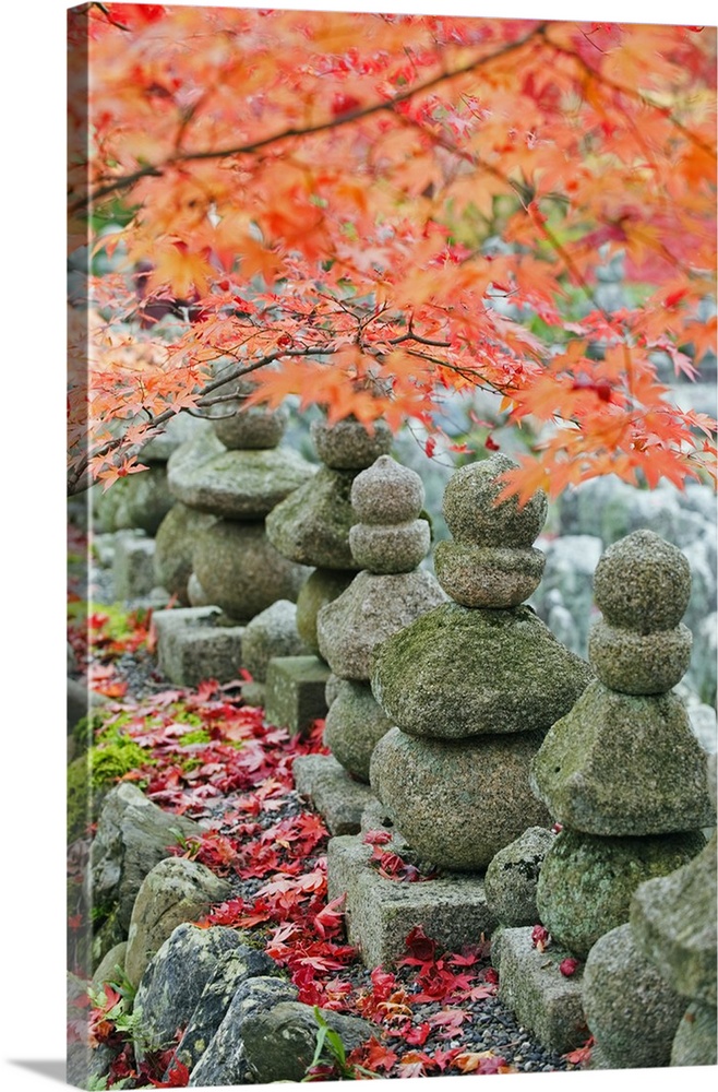 Asia, Japan. Kyoto, Sagano, Arashiyama, Adashino Nenbutsu dera temple, stone lanterns.