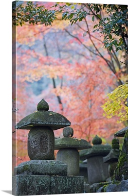 Japan, Kyoto, Sagano, Nison in Temple, stone lantern amongst red autumn leaves