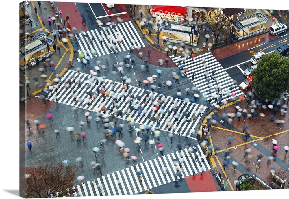 Asia, Japan, Tokyo, Shibuya, Shibuya Crossing - crowds of people crossing the famous crosswalks at the centre of Shibuyas ...