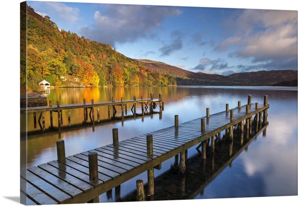 Jetties on Ulswater lake in the Lake District, Cumbria, England. Autumn (November) 2016.