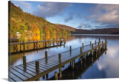 Jetties on Ulswater lake in the Lake District, Cumbria, England. Autumn