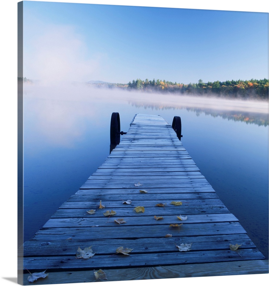 Jetty On Lake In Mist, Songo Pond, Bethal, Maine, USA