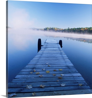 Jetty On Lake In Mist, Songo Pond, Bethal, Maine, USA