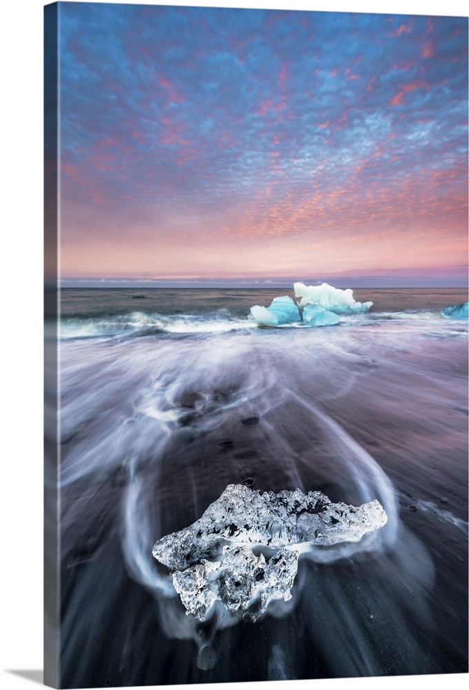 Jokulsarlon glacier lagoon, East Iceland. Blocks of ice on the black beach.