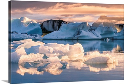 Jokulsarlon glacier lagoon, Iceland. Blocks of ice floating in the lagoon at sunset