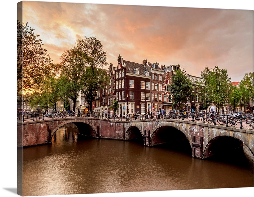 Keizersgracht And Leliegrach Canals And Bridges At Sunset, Amsterdam, North Holland, The Netherlands