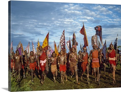 Kenya, Kilgoris County, Oloololo, Maasai warriors dance during an eunoto ceremony