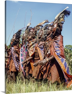 Kenya, Kilgoris County,Lolgolrien, Maasai warriors dance during an eunoto ceremony