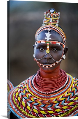 Kenya, Samburu girl dressed in her traditional beaded necklaces and headress at a dance