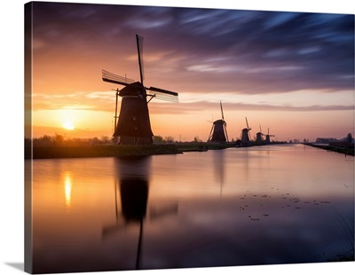 Kinderdijk At Sunrise, Holland, Netherlands