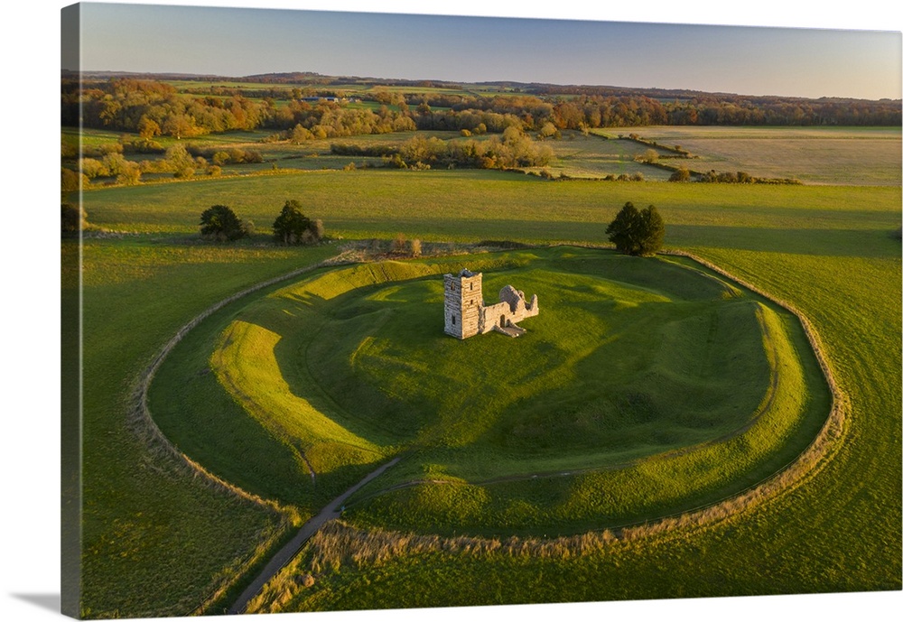 Aerial view of Knowlton Church and neolithic Church Henge, Dorset, England. Autumn, November 2021.