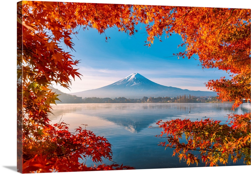 Lake Kawaguchi And Mt Fuji Framed By Maple Leaves, Autumn, Yamanashi  Prefecture, Japan Stretched Canvas Print