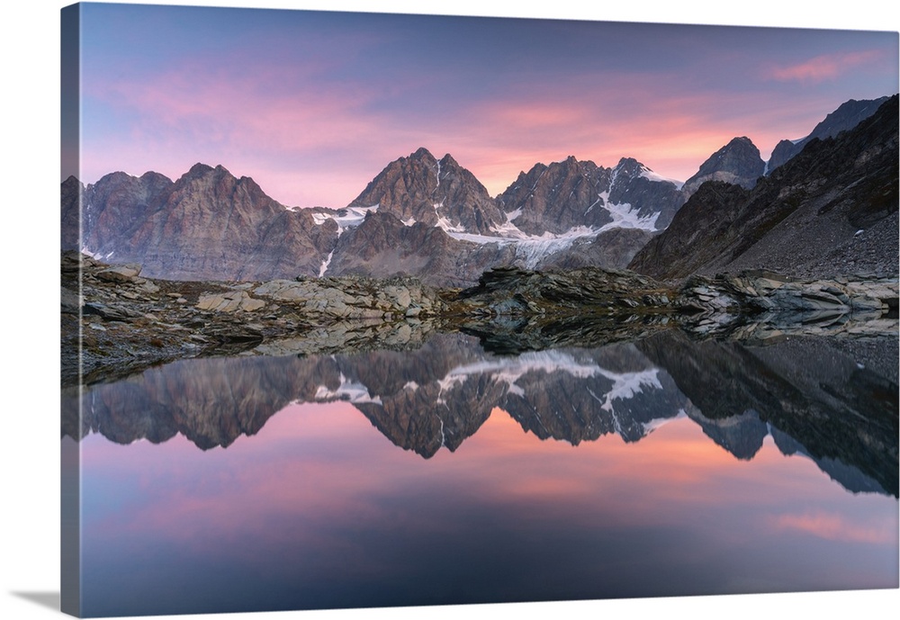 Lake of Forbici during sunrise and in background Bernina Group, Valmalenco, Valtellina, Sondrio Province, Lombardy, Italy