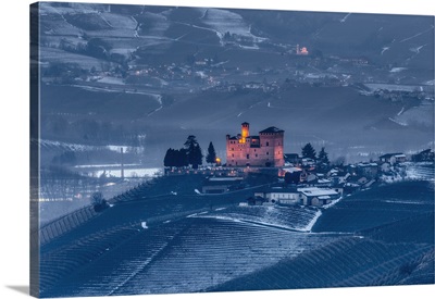 Langhe Wine Region Winter Snow, Blue Hour At The Castle Of Barolo, Italy