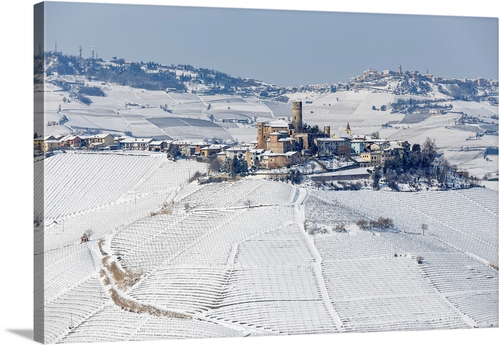 Langhe, Cuneo District, Piedmont, Italy. Langhe Wine Region Winter Snow, Castiglione Falletto Castle