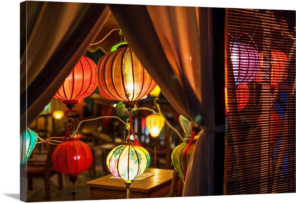 Laos, Luang Prabang, lanterns along Mekong Riverfront.