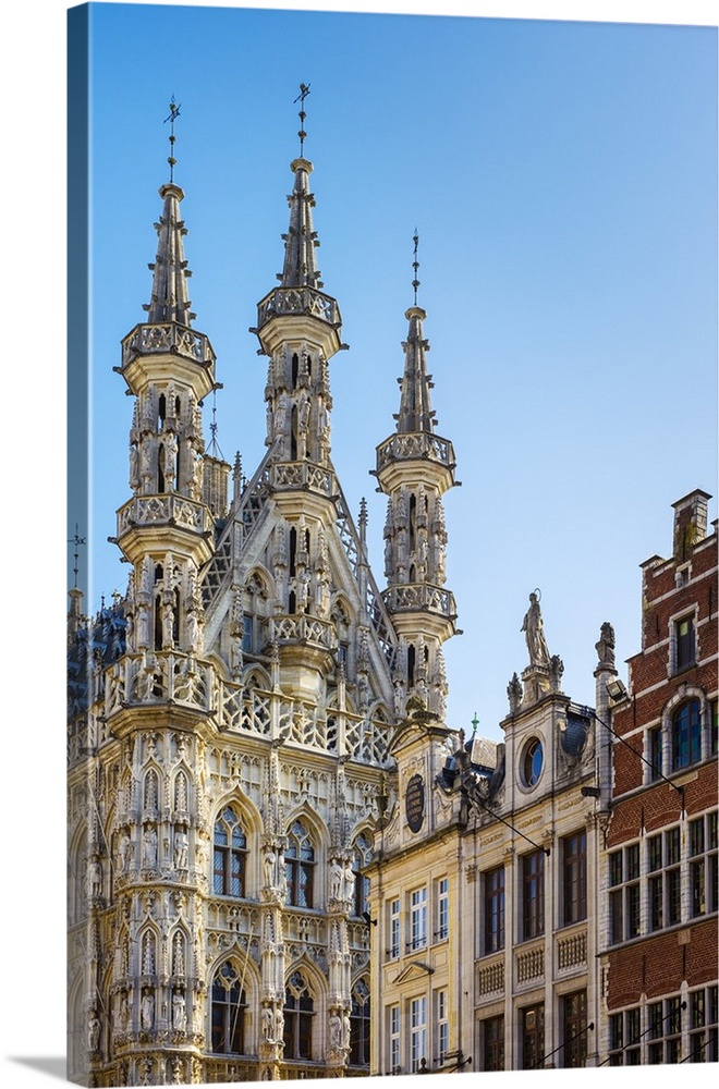Leuven Stadhuis (City Hall) and Flemish buildings on Grote Markt, Leuven, Flemish Brabant, Flanders, Belgium.